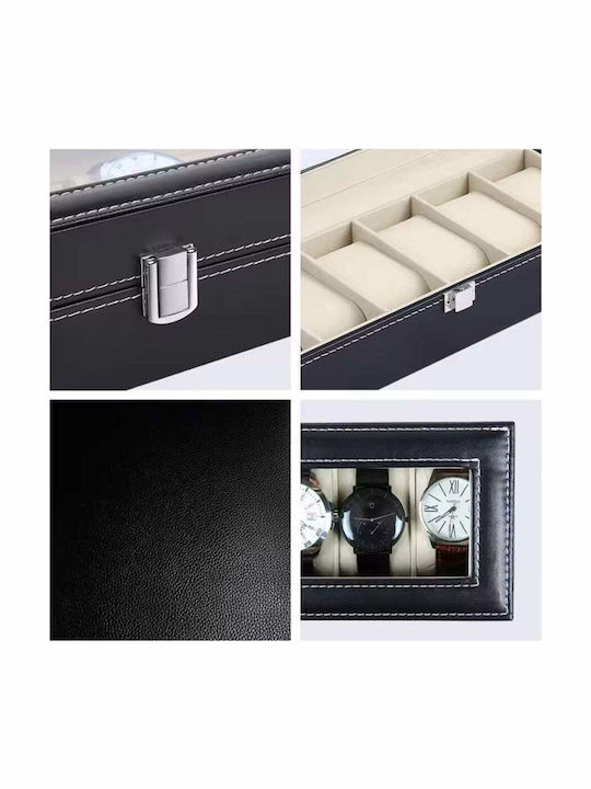 Storage Box for 6 Watches Eco Leather Elegant Design Black