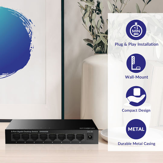 Strong Metal Desktop SW8000M Unmanaged L2 Switch with 8 Gigabit (1Gbps) Ethernet Ports