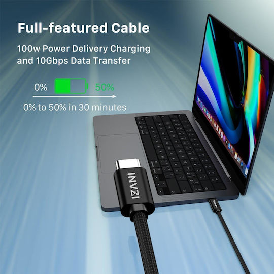 INVZI Braided USB 3.2 Video Cable USB-C male - USB-C 100W PD Μαύρο 2m
