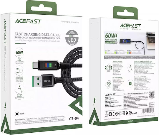 Acefast USB 2.0 Cable USB-C Male - USB-A 60W Black 1.2m
