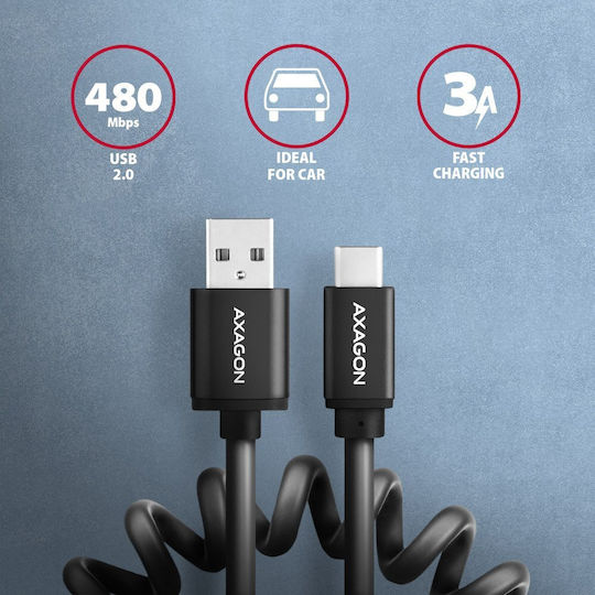 Axagon Spiral USB 2.0 Cable USB-C Male - USB-A Black 0.6m BUCM-AM10TB