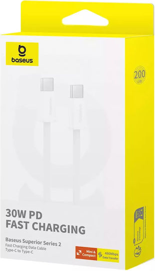 Baseus Superior Series 2 USB 2.0 Кабел USB-C Мъжки - USB-C 30W PD Бял 2m P10365200211-01