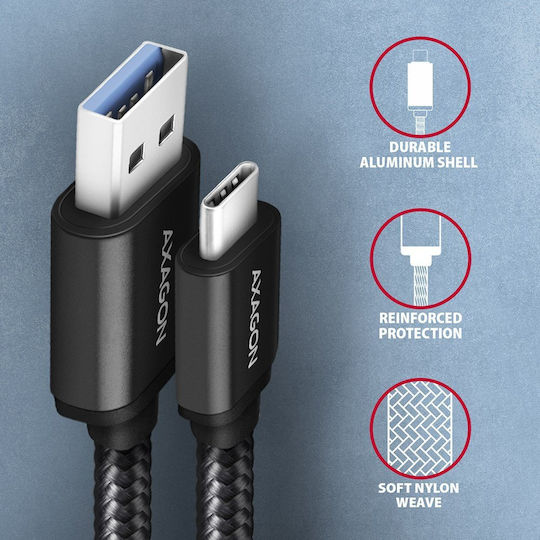 Axagon Braided USB 3.0 Cable USB-C Male - USB-A Black 2m BUCM3-AM20AB