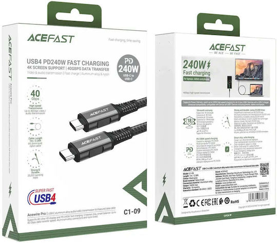Acefast USB 4 Video Cable USB-C Male - USB-C 240W PD Black 1m PD3.1