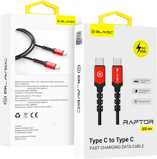 Blavec Raptor USB 2.0 Кабел USB-C Мъжки - USB-C 60W Захранване PD Черен 2м