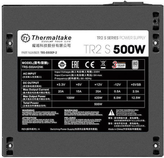 Thermaltake TR2 S 500W Μαύρο Τροφοδοτικό Υπολογιστή Full Wired 80 Plus Standard