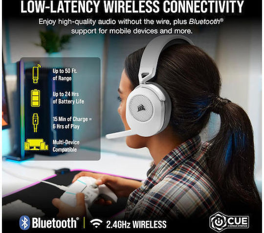 Corsair HS65 Ασύρματο Over Ear Gaming Headset με σύνδεση Bluetooth Λευκό