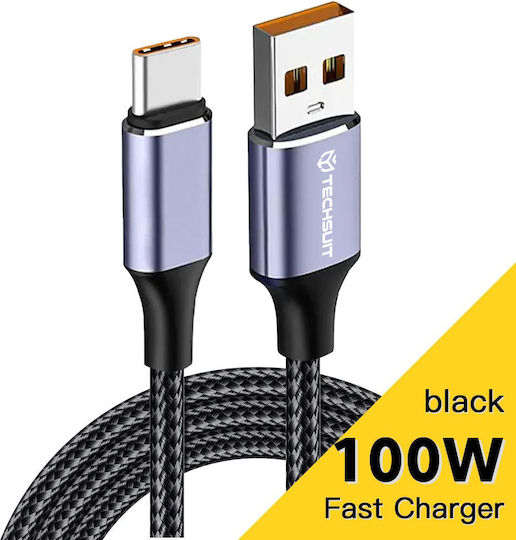 Techsuit Data Cable Ucb320-z Usb To Type-c Super Fast Charging 100w 480mbps 6a Nylon Aluminum Alloy 1m Black