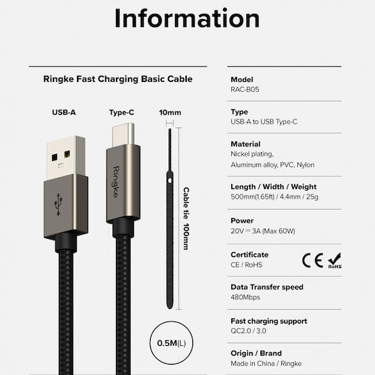 Ringke Regular USB 2.0 Cablu USB-C bărbătesc - USB-A 60W Negru 0.5m