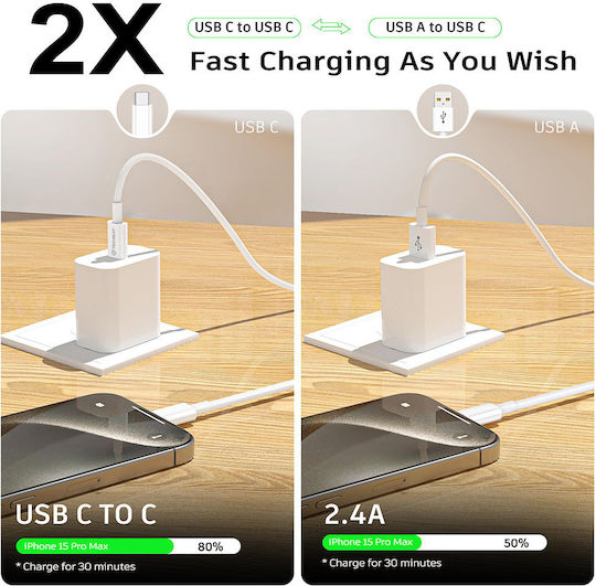 Techsuit USB 2.0 Cable USB-C male - USB-C 60W Λευκό 1m