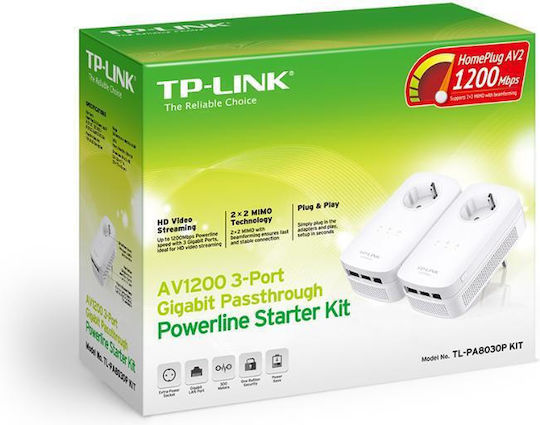 TP-LINK TL-PA8030P KIT v2 Powerline Double Wired with Passthrough Socket and 3 Gigabit Ethernet Ports