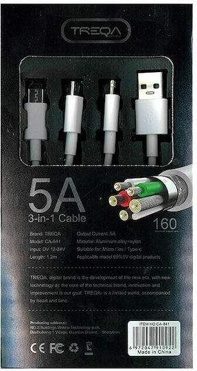 Treqa USB to Type-C / micro USB / Lightning Cable 3.1A Μαύρο 1.2m (CA-869)