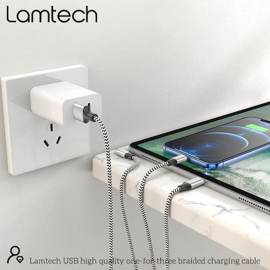 Lamtech Braided USB to micro USB / Lightning / Type-C Cable 2A Γκρι 1m (LAM450329)