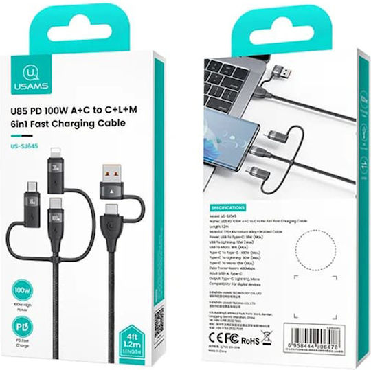 Usams US-SJ645 Geflochten USB zu Blitzschlag / Typ-C / Micro-USB Kabel Schwarz 1.2m