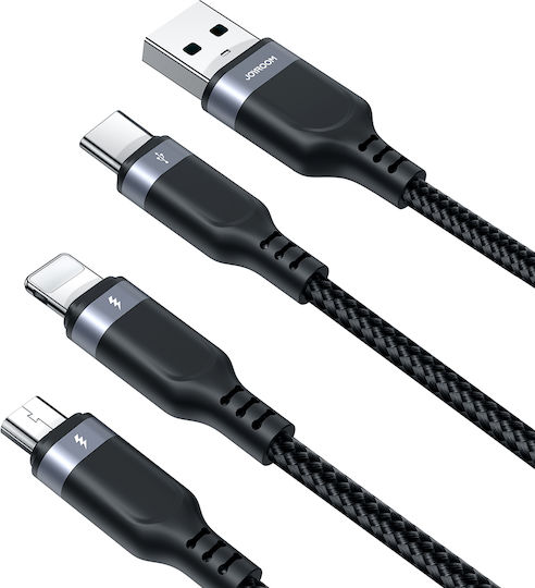 Joyroom S-1T3018A18 Braided Cablu USB la Lightning / Type-C / micro USB cu mai multe porturi 3.5A Negru 1.2m