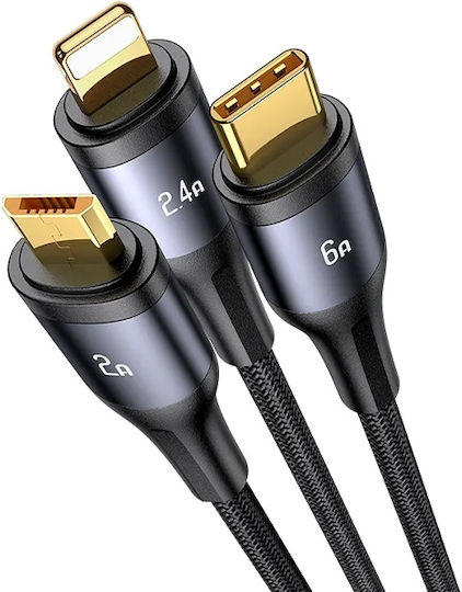 Usams Regular Cablu USB la Lightning / Type-C / micro USB cu mai multe porturi 2.4A Negru 1.2m (US-SJ582)