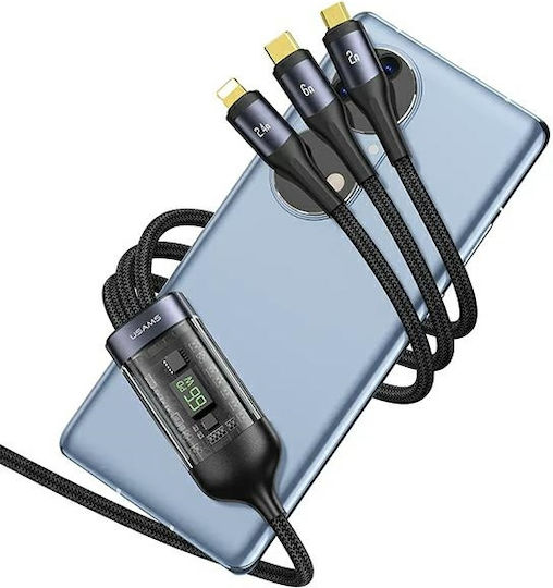 Usams Regular Cablu USB la Lightning / Type-C / micro USB cu mai multe porturi 2.4A Negru 1.2m (US-SJ582)