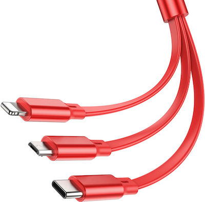 Hoco Retractable USB to Lightning / Type-C / micro USB 1m 2A Cable Red