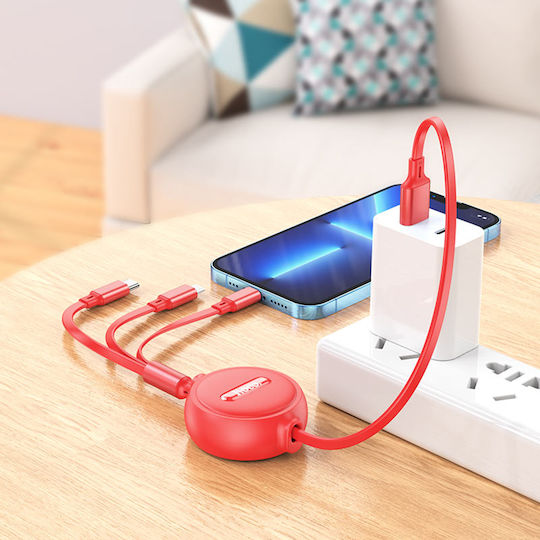 Hoco Retractable USB to Lightning / Type-C / micro USB Cable 2A Κόκκινο 1m