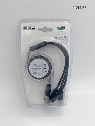 SGL E3 Retractable USB to Lightning / Type-C / micro USB 1.2m Cable (099408)