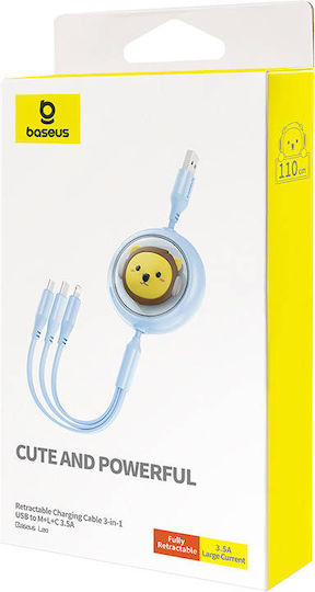 Baseus Flat / Retractable USB to Lightning / Type-C / micro USB Cable 3.5A Μπλε 1.1m