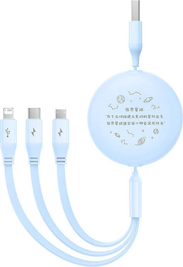 Baseus Flat / Retractable USB to Lightning / Type-C / micro USB Cable 3.5A Μπλε 1.1m
