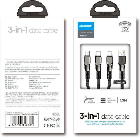 Joyroom S-1335K4 Braided Cablu USB la Lightning / Type-C cu mai multe porturi 3.5A Roșu 1.3m