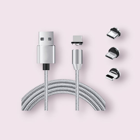Magnetic Cablu USB la Lightning / Type-C / micro USB cu mai multe porturi 3.5A Gri 1m (080216)