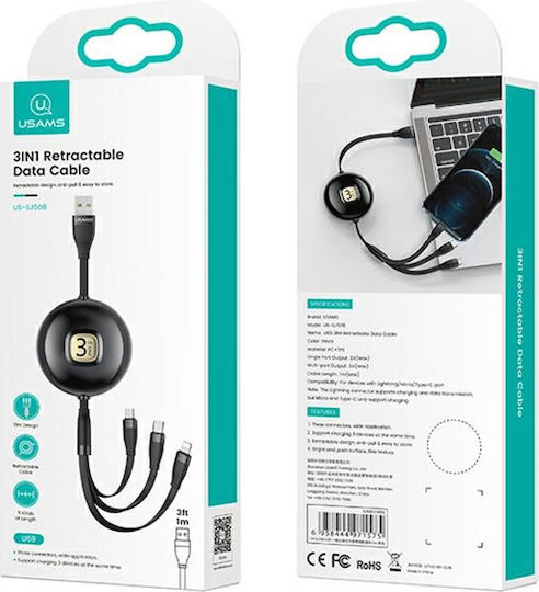 Usams US-SJ508 Ausziehbar USB zu Blitzschlag / Typ-C,TC-TC / Micro-USB Kabel Blau 1m (SJ508USB02)