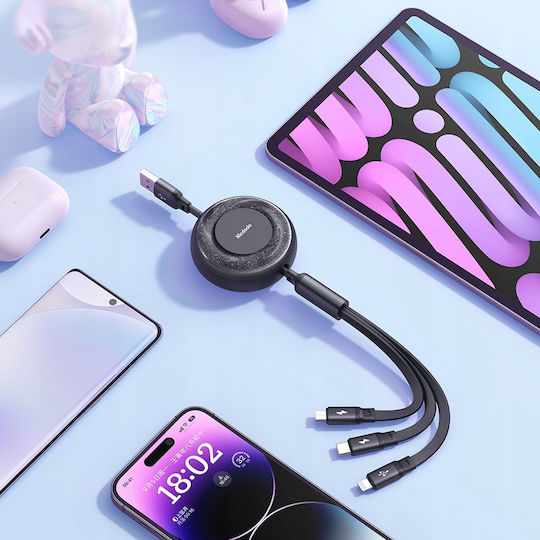Mcdodo Flach / Ausziehbar USB zu Typ-C,TC-TC / Blitzschlag / Micro-USB Kabel 3A Schwarz 1.2m (CA-3570)