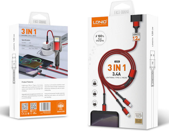 Ldnio Braided USB to Type-C / Lightning / micro USB Cable 3.4A Γκρι 1.2m