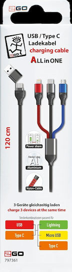 2GO USB to Lightning / Type-C / micro USB Cable Μαύρο 1.2m (797361)