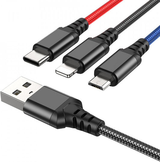 Hoco X76 Braided USB to Lightning / Type-C / micro USB 1m 2A Cable (HC-X763IN1-BK)