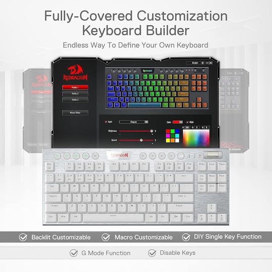 Redragon K621 Horus Gaming Mechanical Keyboard Tenkeyless with Custom Red switches and RGB lighting (English US) White