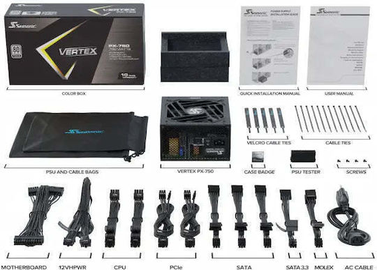 Seasonic VERTEX PX 750W Μαύρο Τροφοδοτικό Υπολογιστή Full Modular 80 Plus Platinum