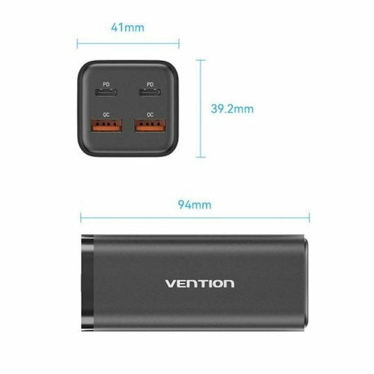 Vention Charger GaN with 2 USB-A Ports and 2 USB-C Ports and Cable USB-C - USB-C 100W Power Delivery / Quick Charge 3.0 Blacks (FBSBG-EU)