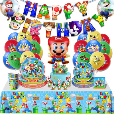 Super Mario Happy Party Set 10 Children Antadesim Table Service Decoration Glasses Large Small Plates Napkins Decorative Flags Tablecloth Cake Ornament Balloons