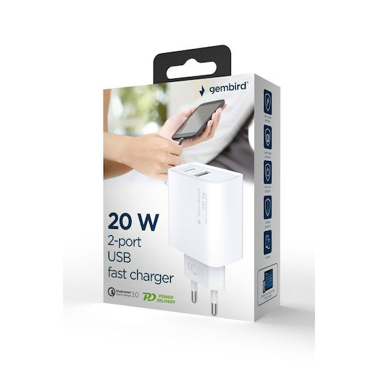 Gembird Зарядно без кабел с USB-A порт и USB-C порт 20W Power Delivery / Quick Charge 3.0 Бял (TA-UC-PDQC20-01-W)