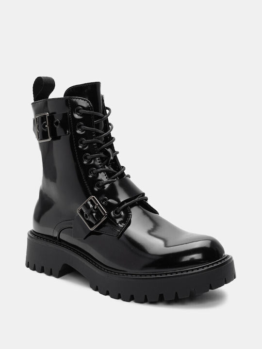 Kampfstiefel mit Profilsohle & Riemen 4323759-schwarz-Lackleder