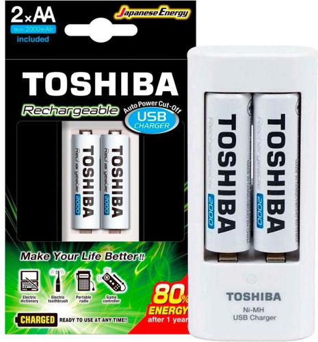 Toshiba USB Charger 2 Batteries Ni-MH Size AA/AAA Set with 2x AA 2000mAh in White color