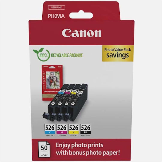 Canon CLI-526 Original Photo Value Pack with 4 InkJet Printer Inks Yellow / Cyan / Magenta / Black (4540B019)