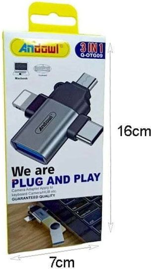 Andowl Qotg09 Converter Lightning / USB-C / micro USB male to USB-A female 1pcs