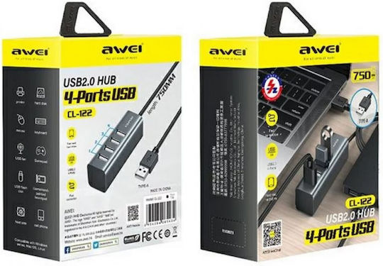 Awei USB 2.0 4 Port Hub with USB-A Connection Gray