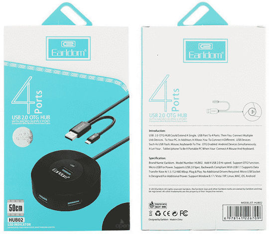 Earldom Hub 4 Θυρών USB 2.0 με σύνδεση USB-C Γκρι