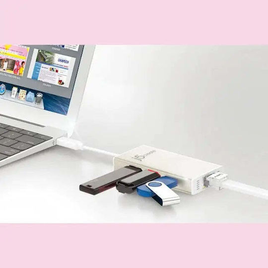 J5create Hub 4 Θυρών USB 3.1 με σύνδεση USB-C / Ethernet Λευκό