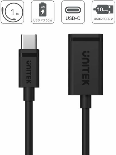 Unitek USB 2.0 Cable USB-C male - USB-A female 60W PD Μαύρο 1m C476BK-1M