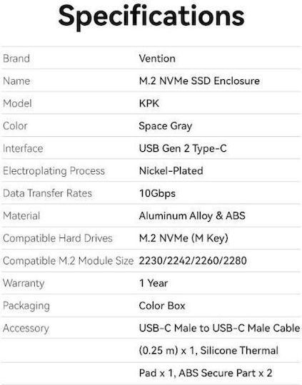 Vention Твърд диск кутия M.2 PCI Express NVMe с връзка Type-C в Сив цвят