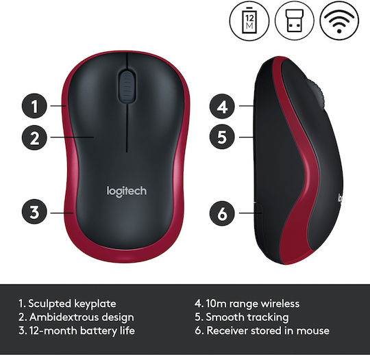 Logitech M185 Ασύρματο Mini Ποντίκι Black/Red