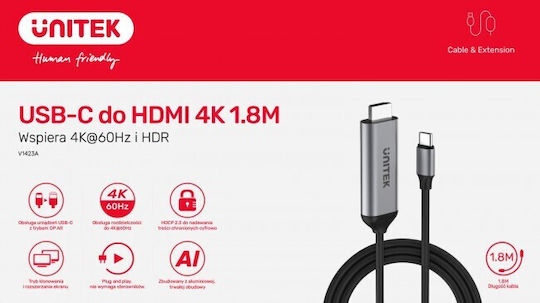Unitek Cable HDMI male - HDMI male 1.8m Silver