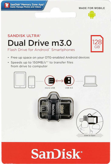 Sandisk Ultra Dual 128GB USB 3.0 Stick με σύνδεση USB-A & micro USB-B Γκρι